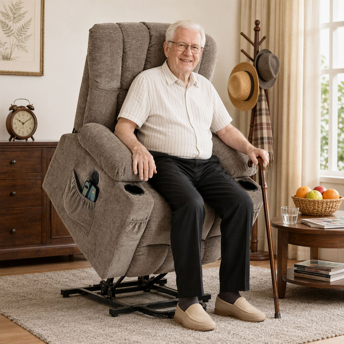 Recliner with lift assist, electric relaxation chair with massage & heat, reclining function, USB ports, brown (2)