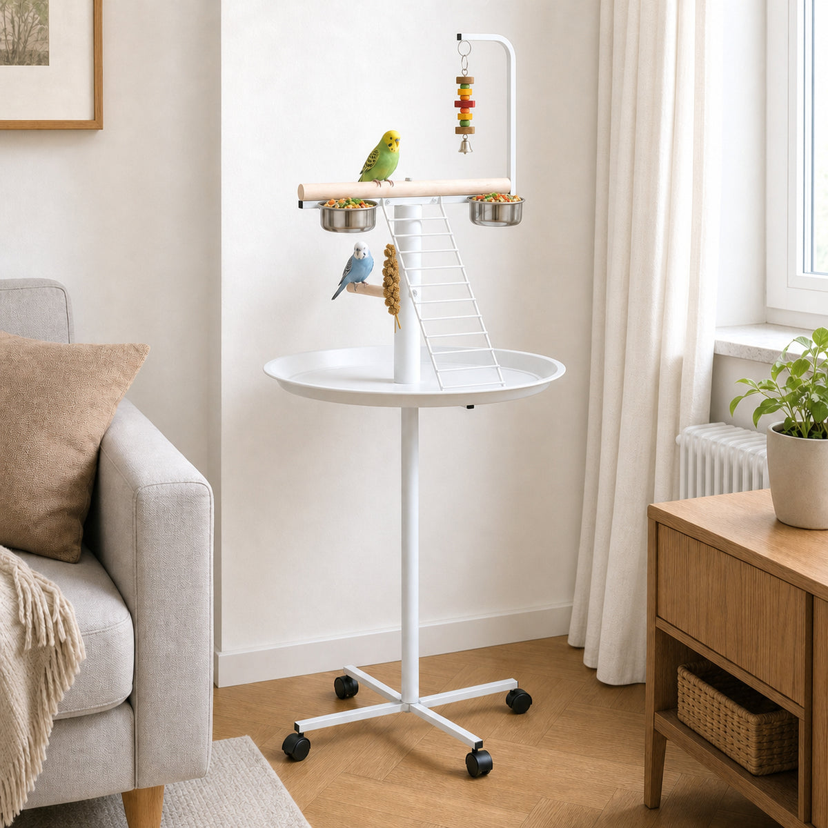 Parrot play stand, perch, 1 ladder, 1 swing, food bowls, 60 x 60 x 138 cm, white + natural (2)