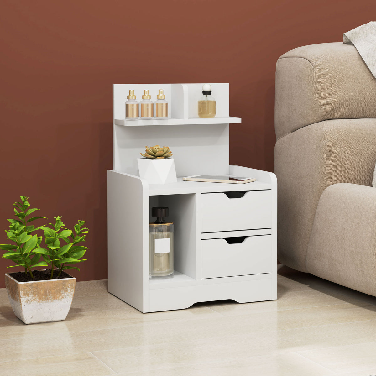 Nightstand with 2 drawers, open shelf, 40x30x60 cm, white (2)