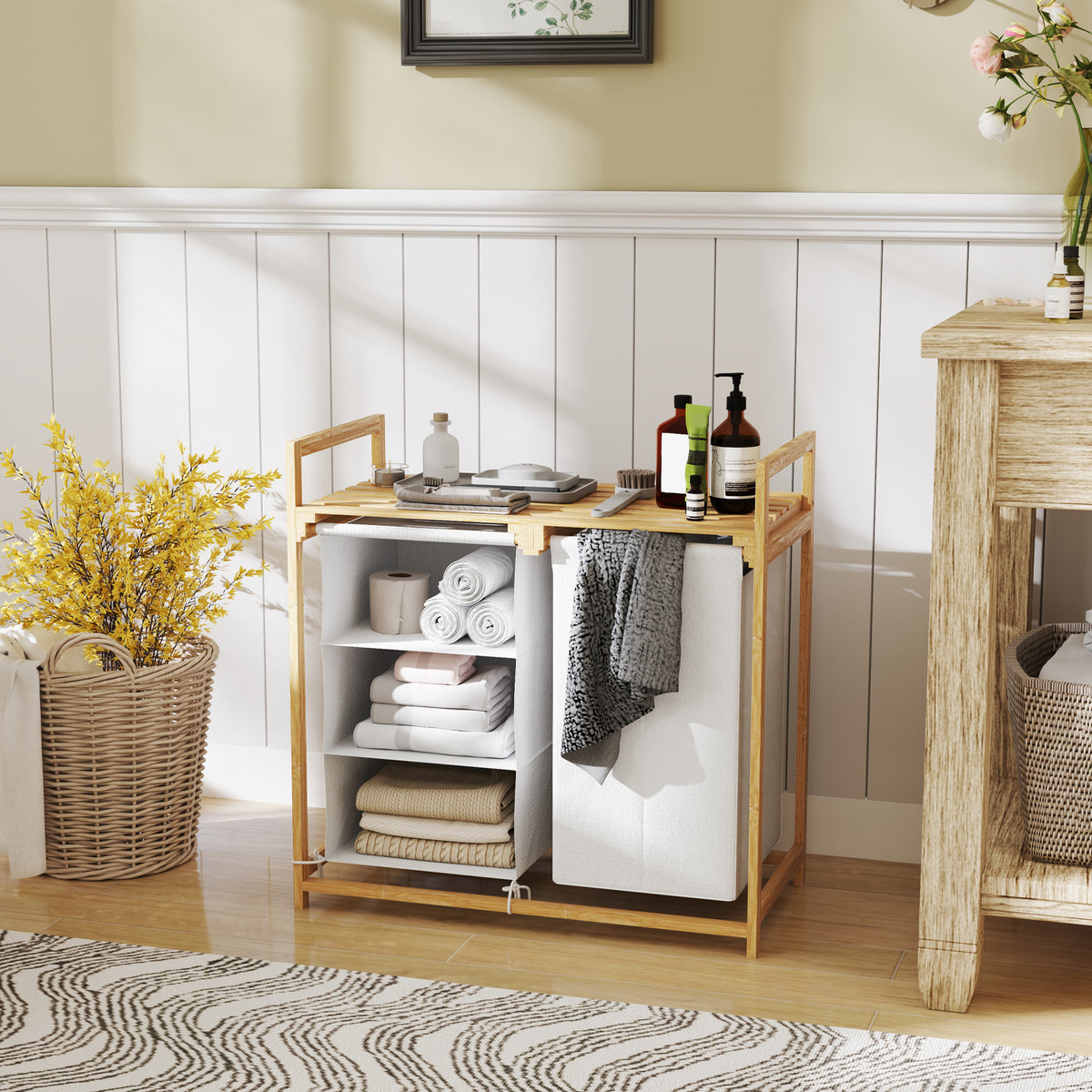 Laundry basket with laundry bag, fabric drawer, bamboo, 70x36x70 cm, white/wood (2)