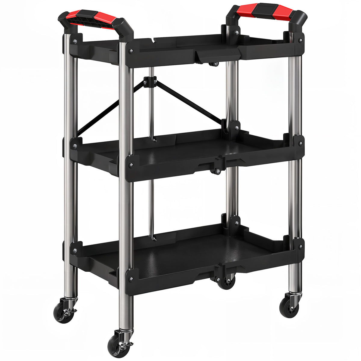 Tool trolley, foldable 3-tier tool cart, plastic, steel, black