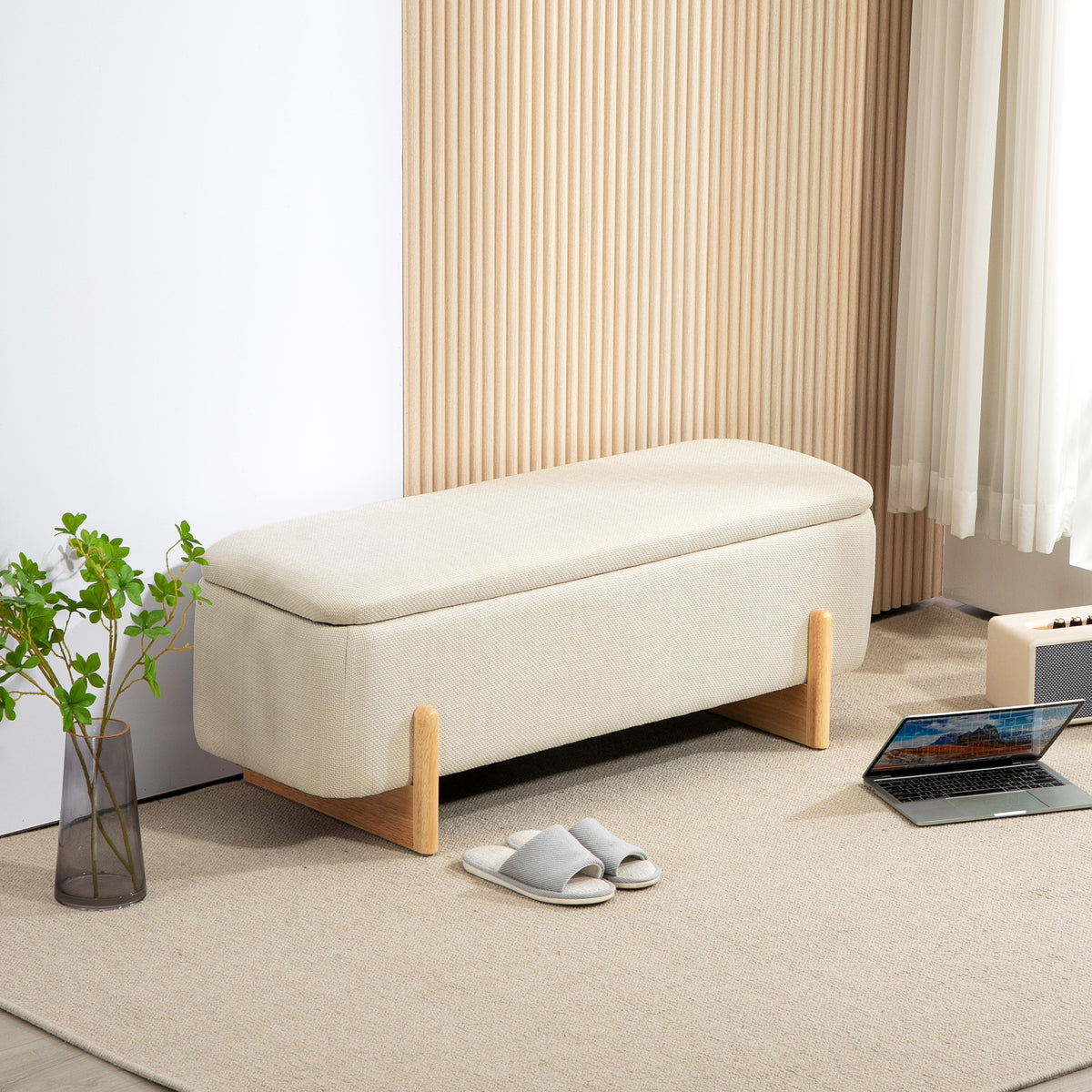 Storage ottoman, bench with foam padding, imitation linen, 111 x 44 x 44.5 cm, cream white (2)