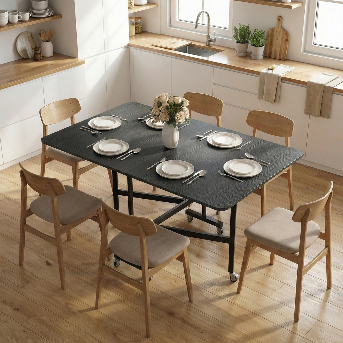 Foldable Dining Table, Kitchen Table for 4-6 People with 6 Wheels, Mobile Folding Table for Small Spaces (2)