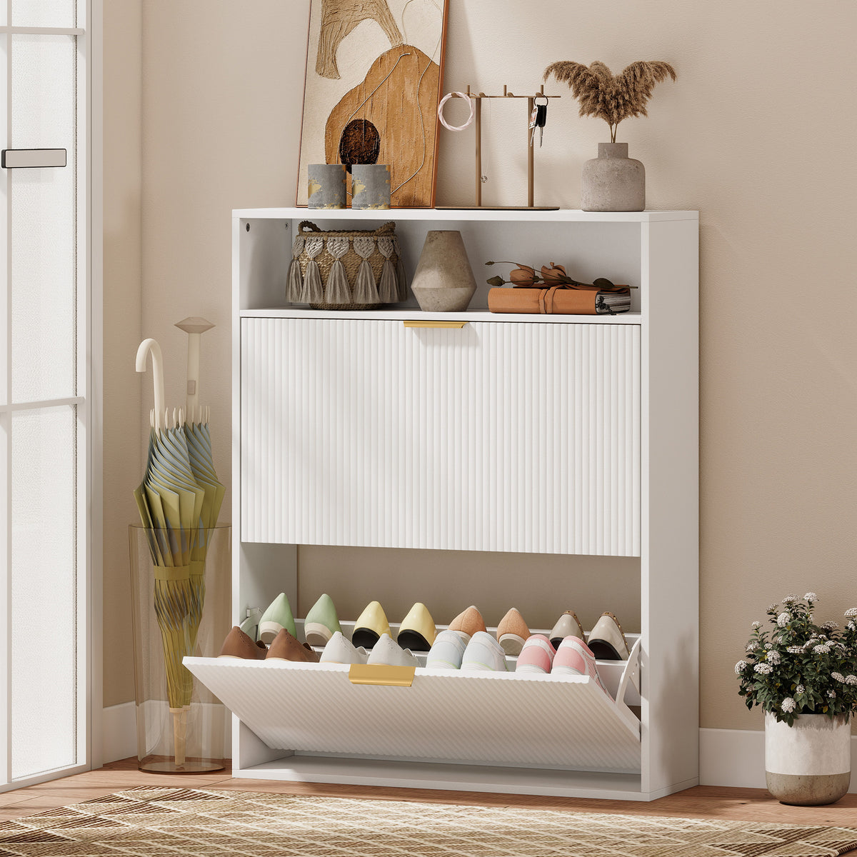Slim shoe cabinet with 2 tilt compartments and storage surface for hallway and entryway, white (2)