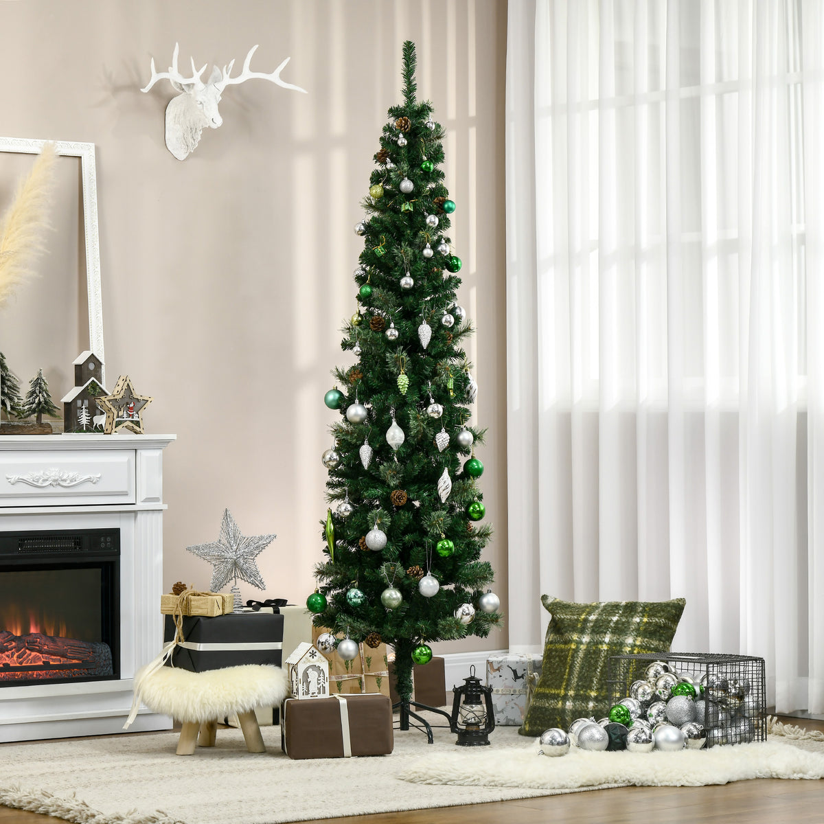 Artificial Christmas tree, slim, pine cones, flame-retardant, 54 x 195 cm, green (2)