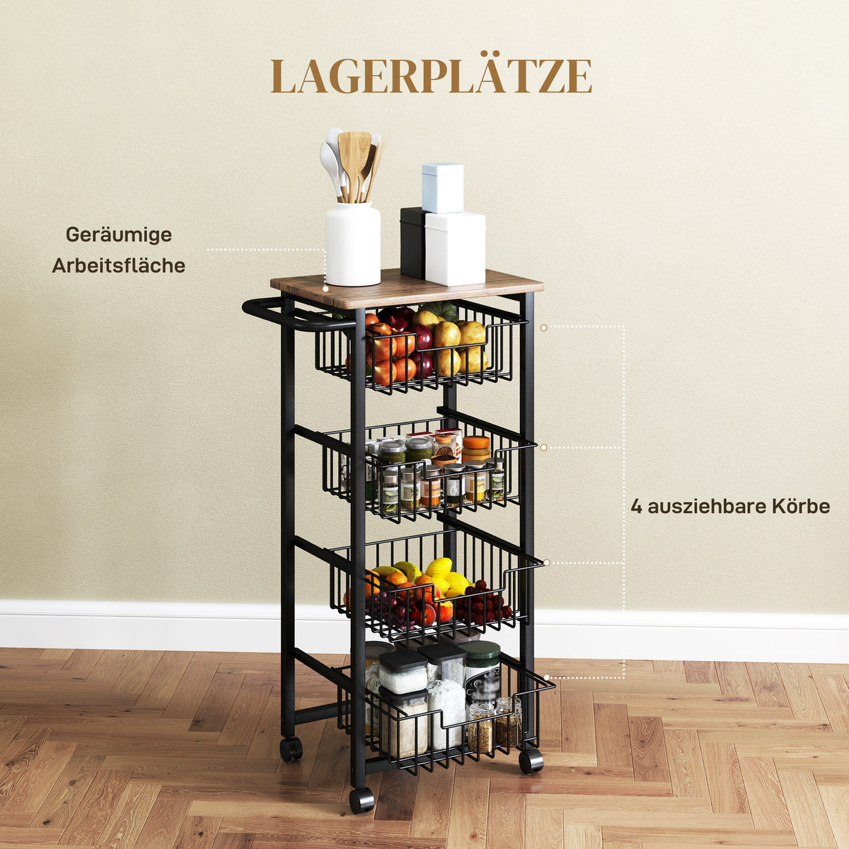 4-tier kitchen trolley on wheels, rolling serving cart, kitchen trolley with 4 steel baskets, serving cart (4)