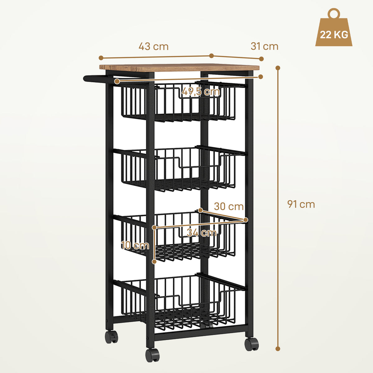 4-tier kitchen trolley on wheels, rolling serving cart, kitchen trolley with 4 steel baskets, serving cart (3)
