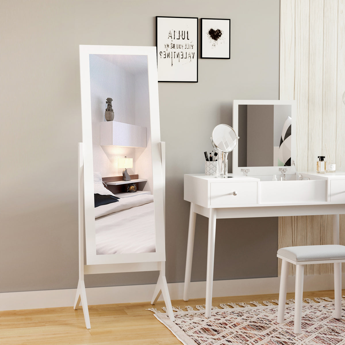 Full-length Floor Mirror Makeup Mirror Raised Feet Easy-care MDF White 47 x 46 x 148 cm (2)