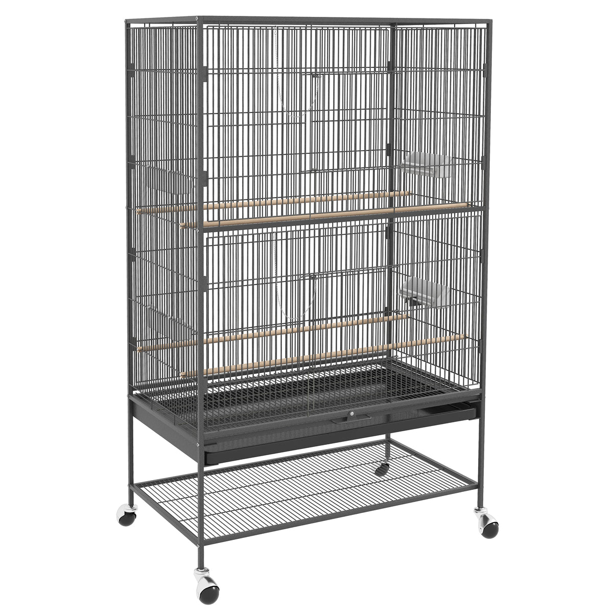 Bird cage including perches, bird toys, removable base tray, 1 storage shelf, grey