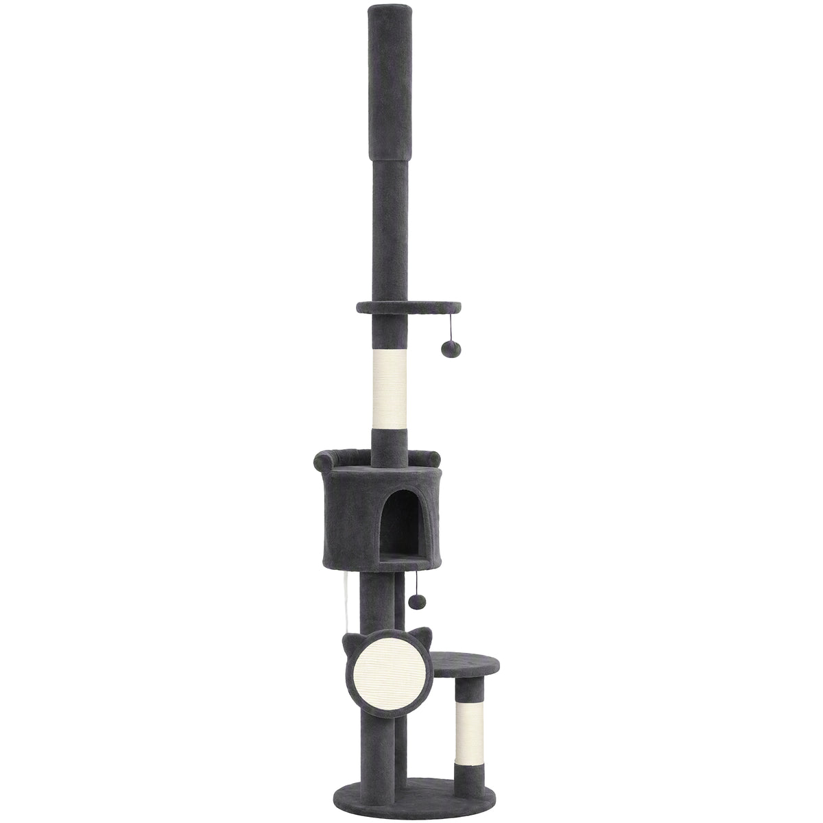Floor-to-ceiling cat tree, 225–255 cm height-adjustable cat tower with 5 tiers, sisal scratching posts