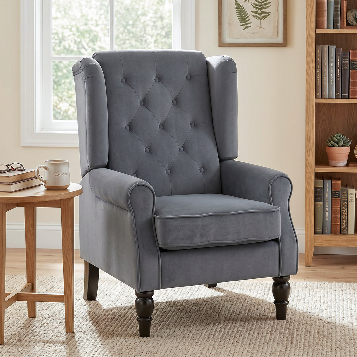 Wingback chair, reclining chair, armchair, vintage design, button tufting, turned legs, 74 cm x 86 cm x 102 cm (2)