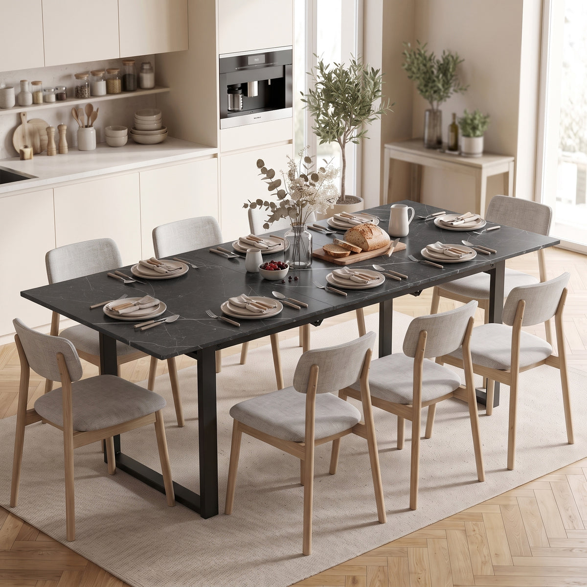 Extendable dining table 140-180 cm for 6-8 people, rectangular in industrial design with a steel frame, black (2)