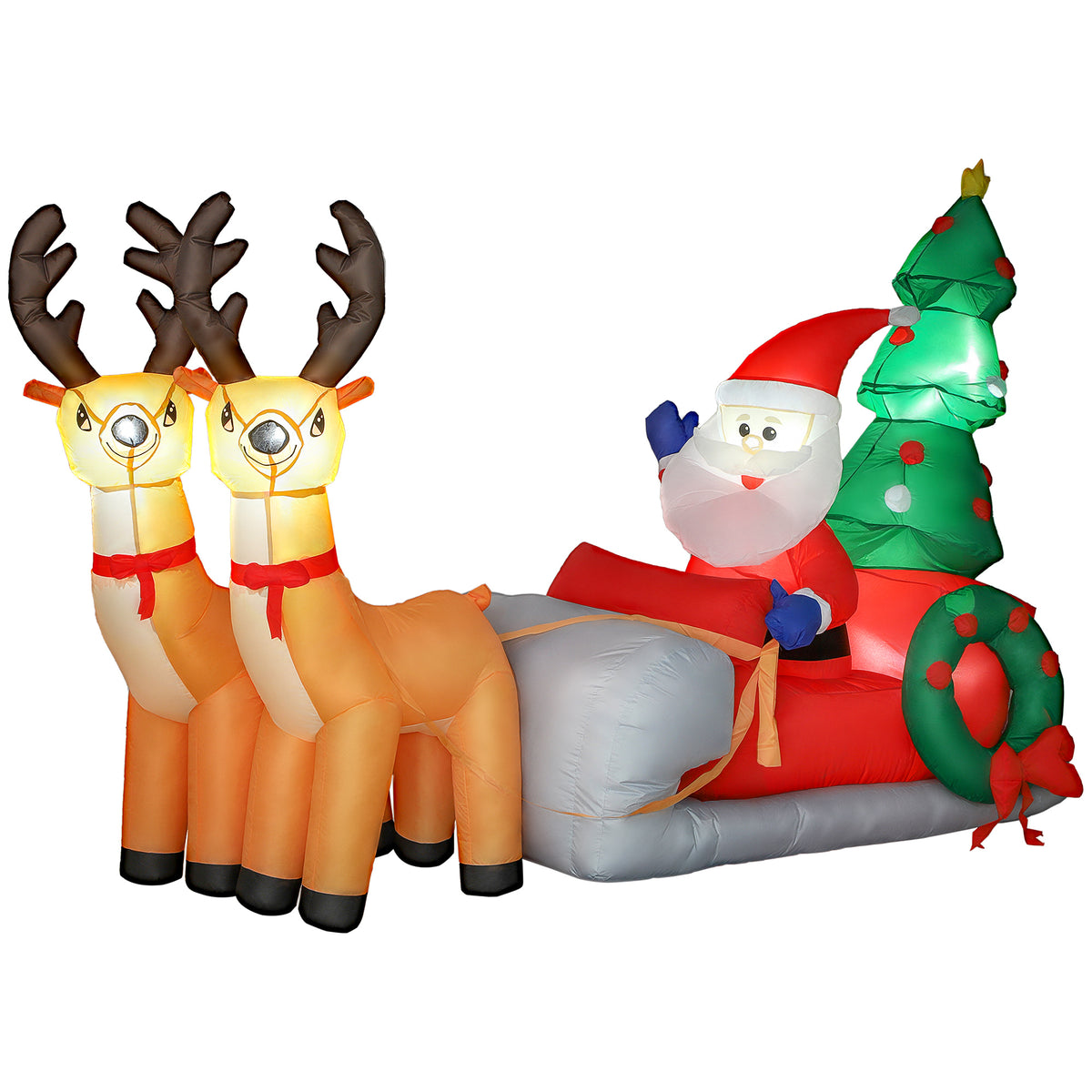 Inflatable Christmas decoration, Santa in reindeer sleigh, polyester fabric, LED lights, colorful