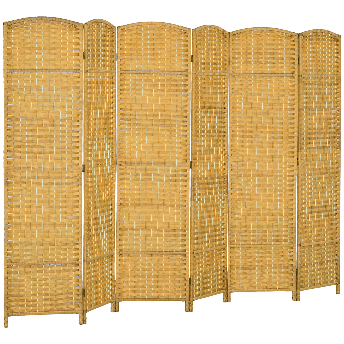 Room divider, 6-panel foldable partition, wicker pattern, pine wood, natural wood