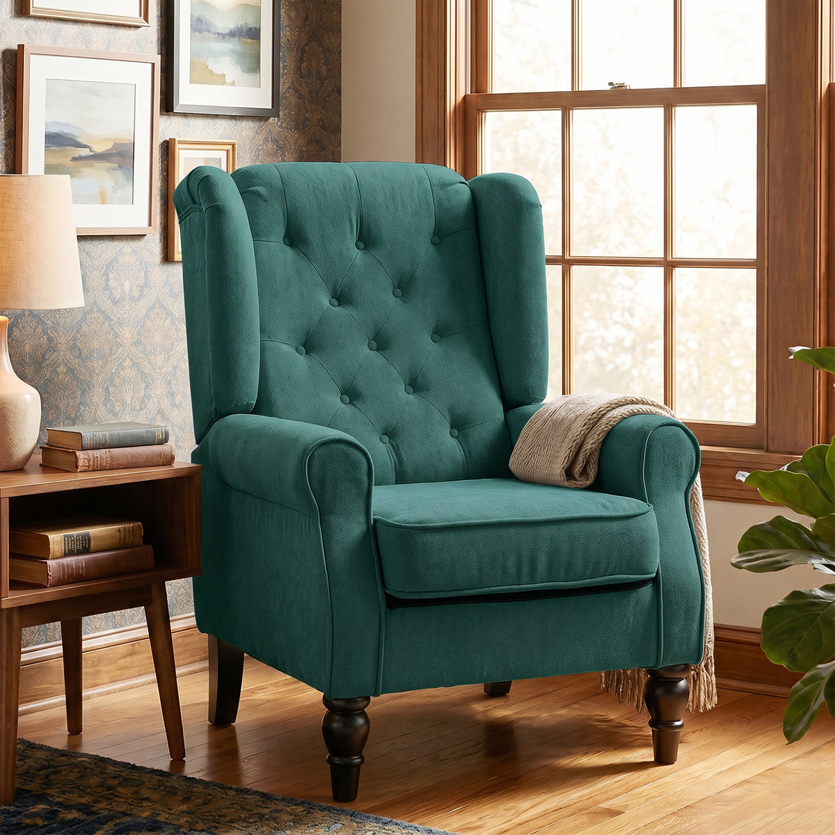 Elegant wingback chair, thickly upholstered, removable cover, 74 x 86 x 102 cm, dark green (8)