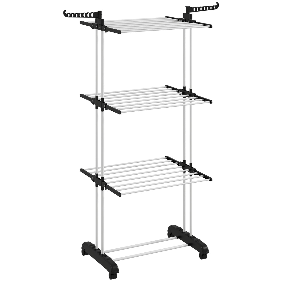 Laundry drying rack, 4 tiers, foldable, 4 casters with 2 brakes, metal frame, black, 73 x 50 x 172cm