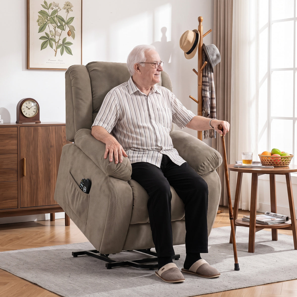 Recliner chair with massage and heating function, electric lift chair, remote control, side pockets, light brown (2)