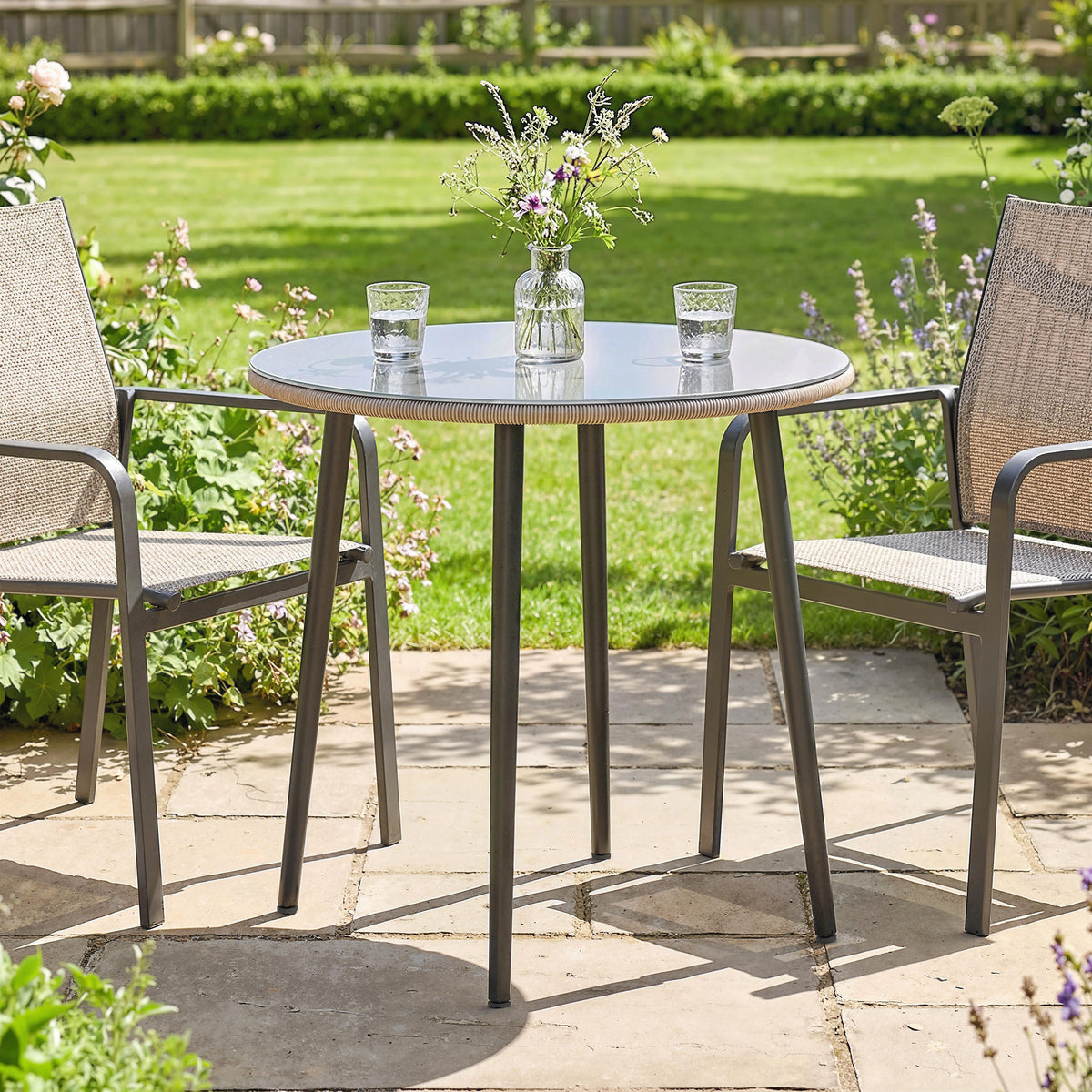 Garden table buffet table with steel frame, PE rattan edge, adjustable feet, 4 people 80 x 80 x 74 cm gray (2)
