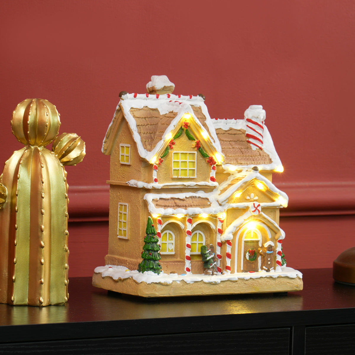 Gingerbread house with LED lights and music, Christmas house winter landscape with gingerbread man, for (2)
