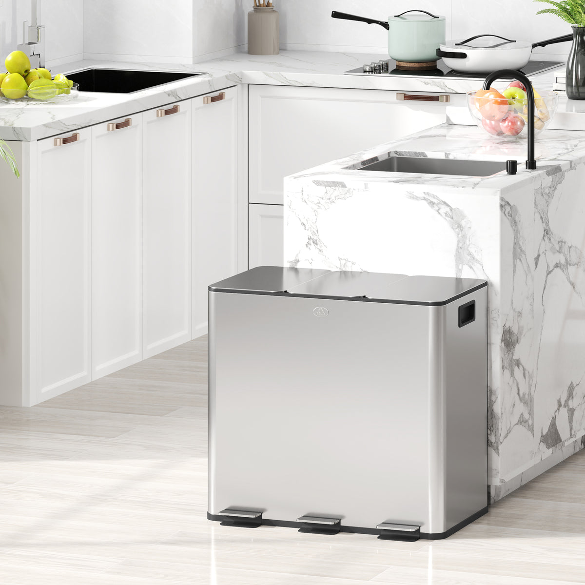 Waste bin with 3 x 20 L compartments, odor-proof lid, fingerprint-proof, soft-close, removable, silver (2)