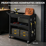 Tool trolley with lockable casters, rolling workshop cart with 3 tiers, drawer and pegboards, black (7)