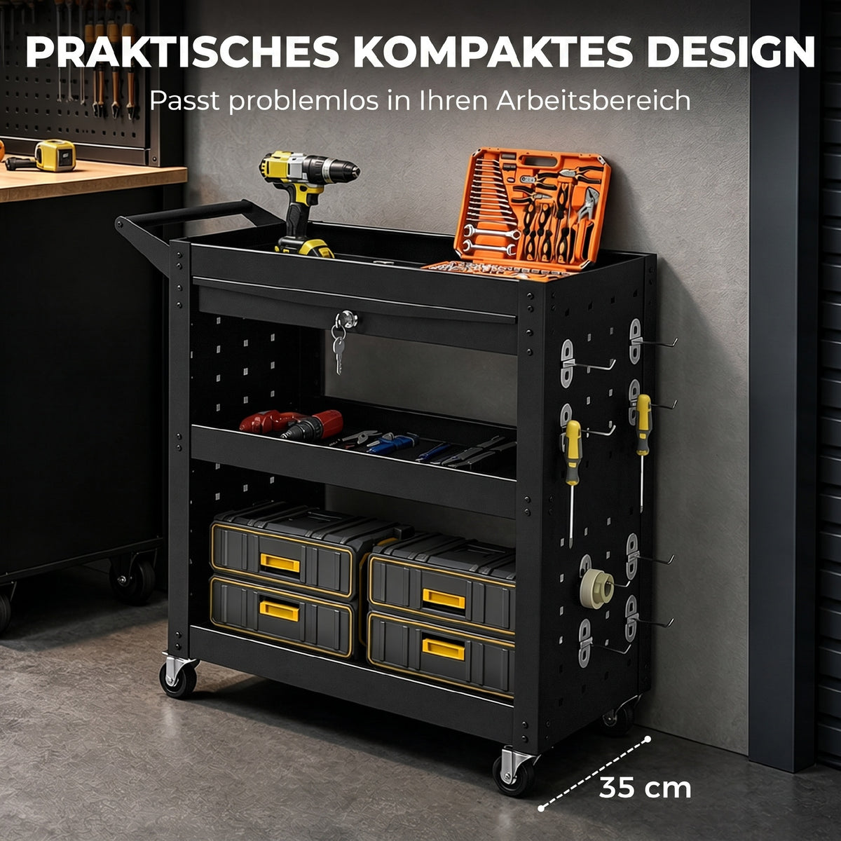 Tool trolley with lockable casters, rolling workshop cart with 3 tiers, drawer and pegboards, black (7)