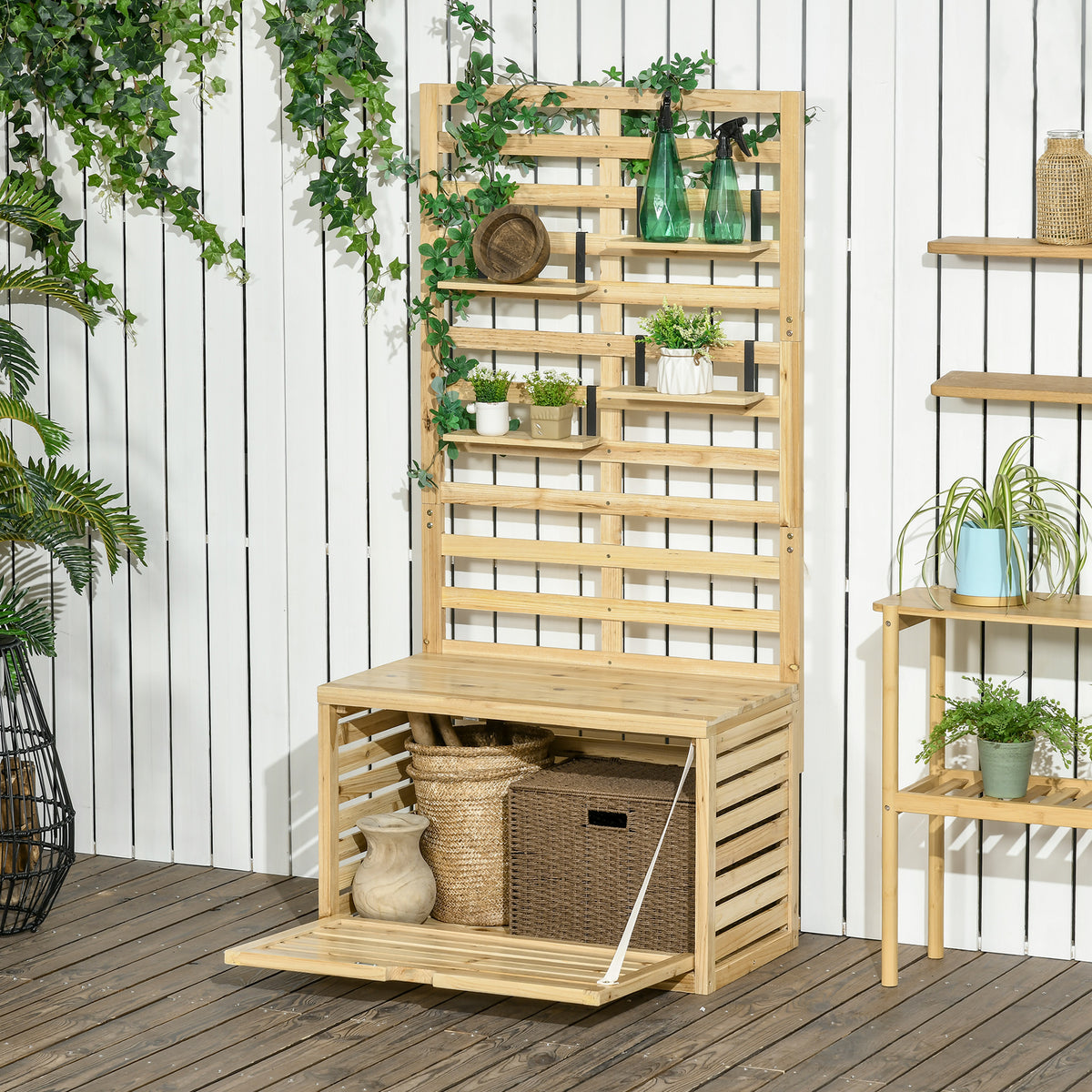 Storage box with trellis, 4 hanging shelves, magnetic door, solid wood, natural, 80 x 45 x 160 cm (2)