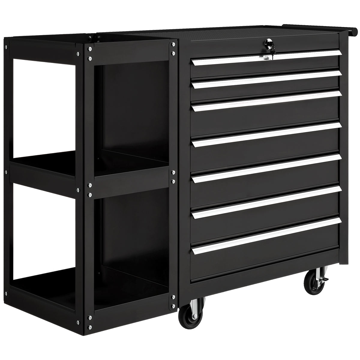 Workshop trolley tool trolley with 7 drawers, removable side shelf, 4 castors with parking brake, 96x33.5x75cm