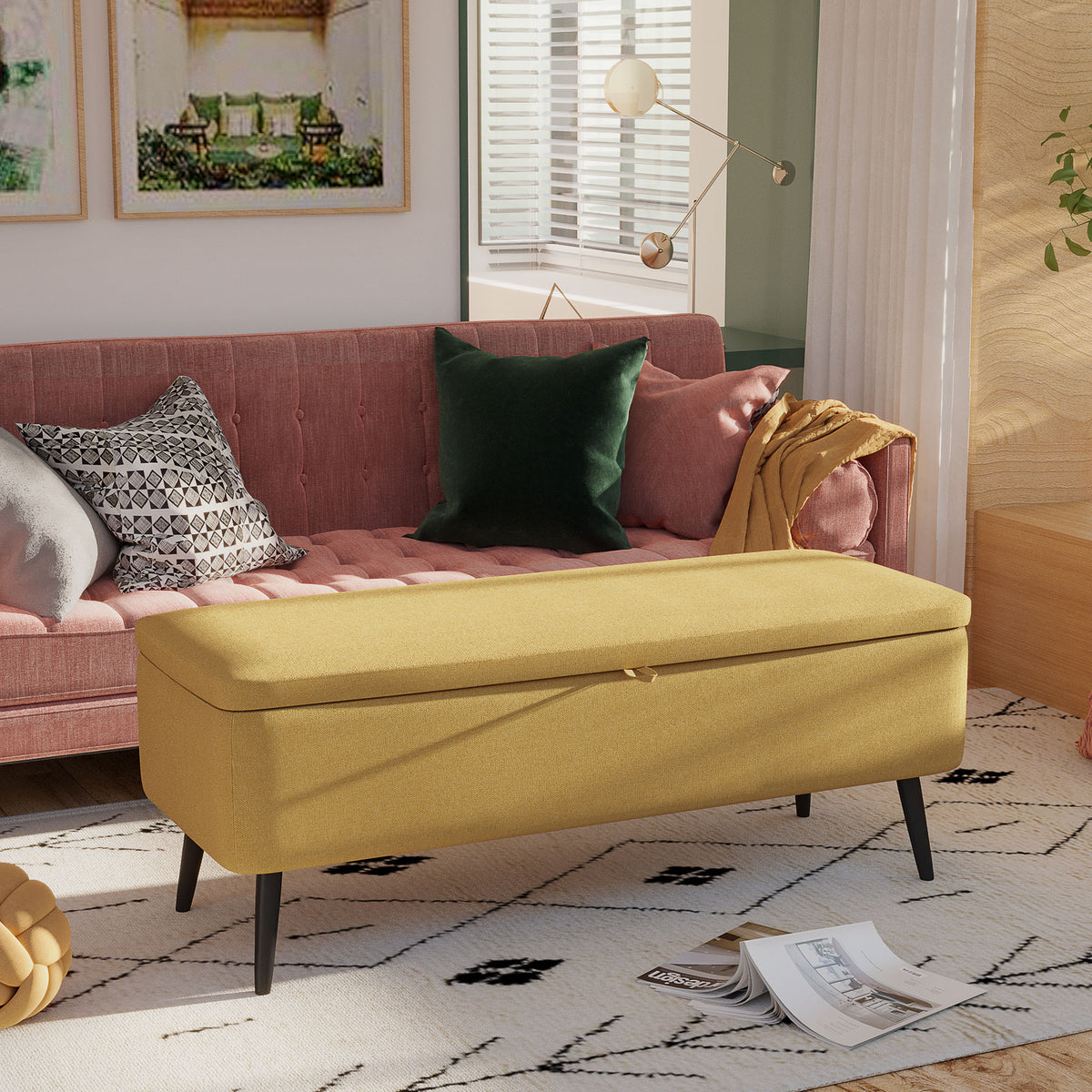 Bench, storage chest, upholstered bench, linen look, up to 150kg, 101x38.5x44.5 cm, yellow (2)