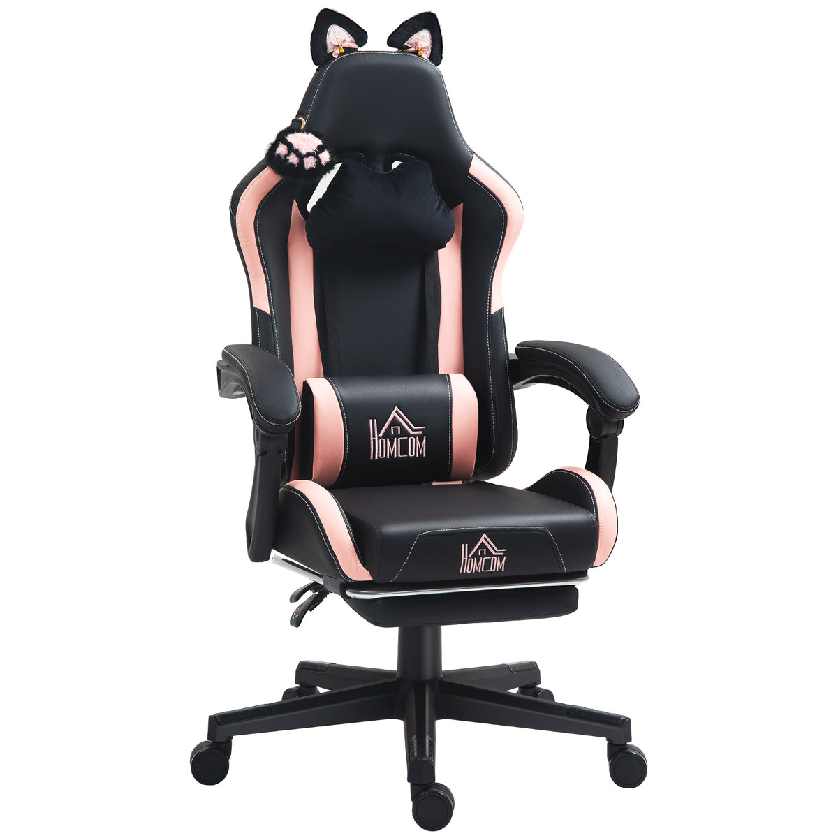 Gaming chair with cat ears, tiltable backrest, retractable footrest, up to 120 kg, pink/black