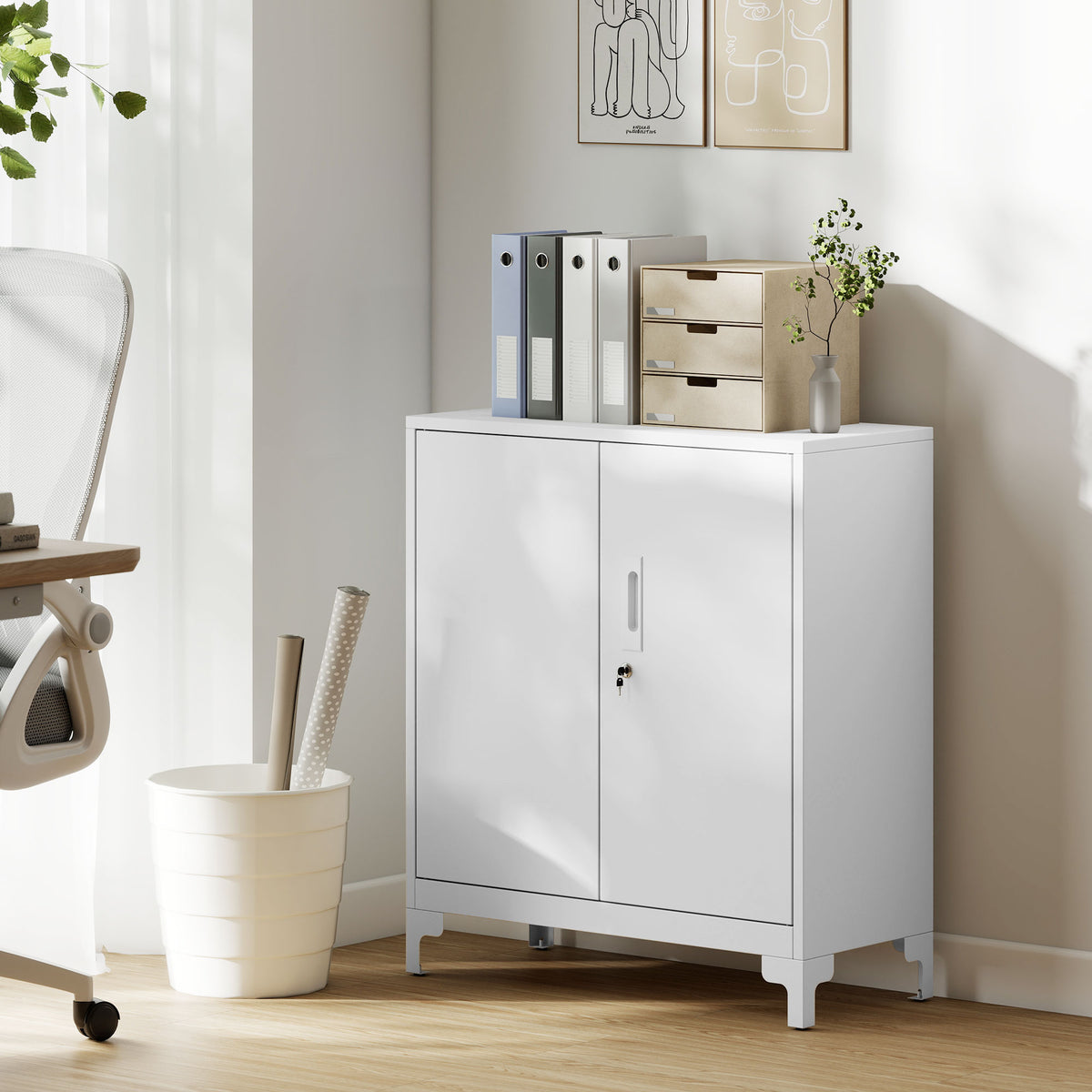 Metal office cabinet, lockable doors, office sideboard, 2-tier design, white (2)