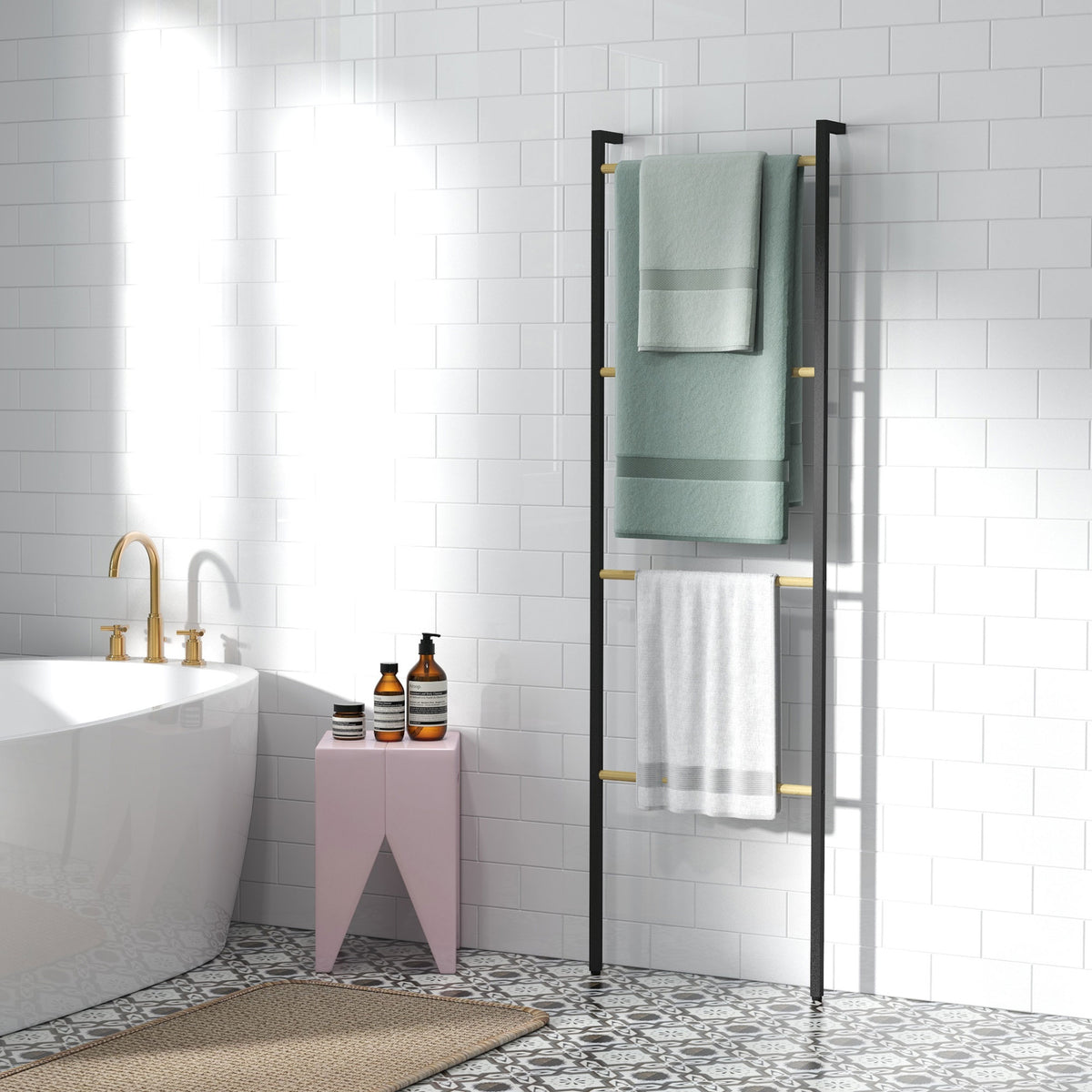 Towel rack, free-standing, 4 bars, 49x5.5x167.5cm, black/natural wood (2)