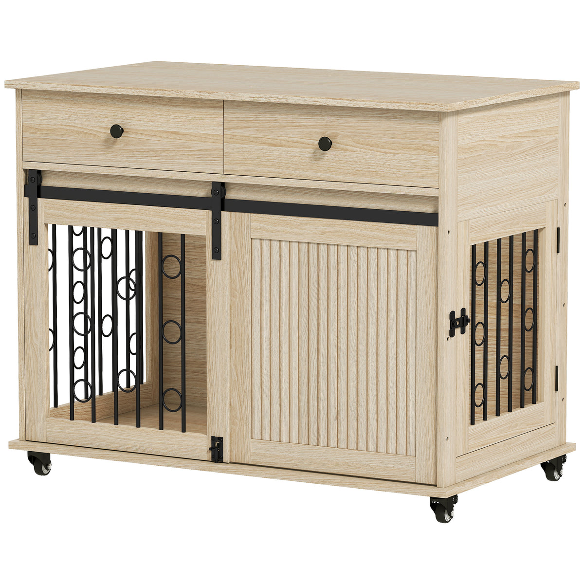 Dog crate on wheels, 2 doors, 2 drawers, for medium and large dogs, wood, steel