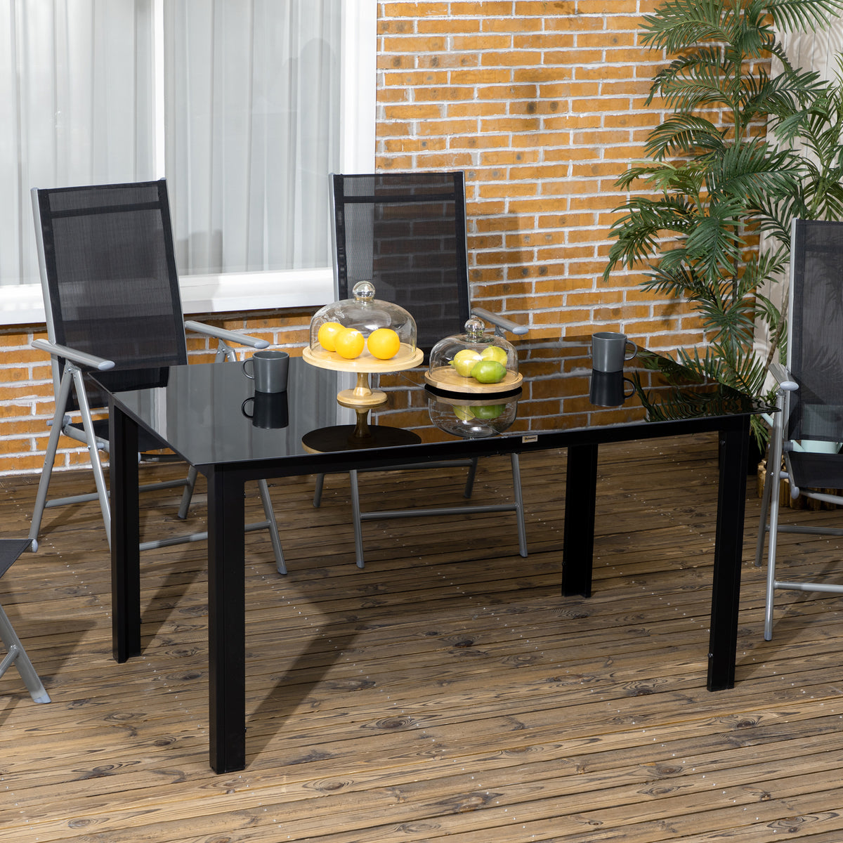 Garden table for 6 people, weather-resistant, tempered glass, patio table, 150 cm x 90 cm x 74 cm, black (2)