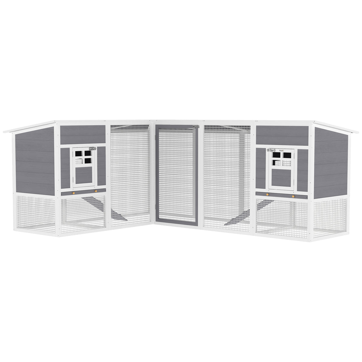 Chicken coop L-shaped wooden chicken house with 2 houses, 2 levels, run, ramp, 251 x 192 x 103 cm gray