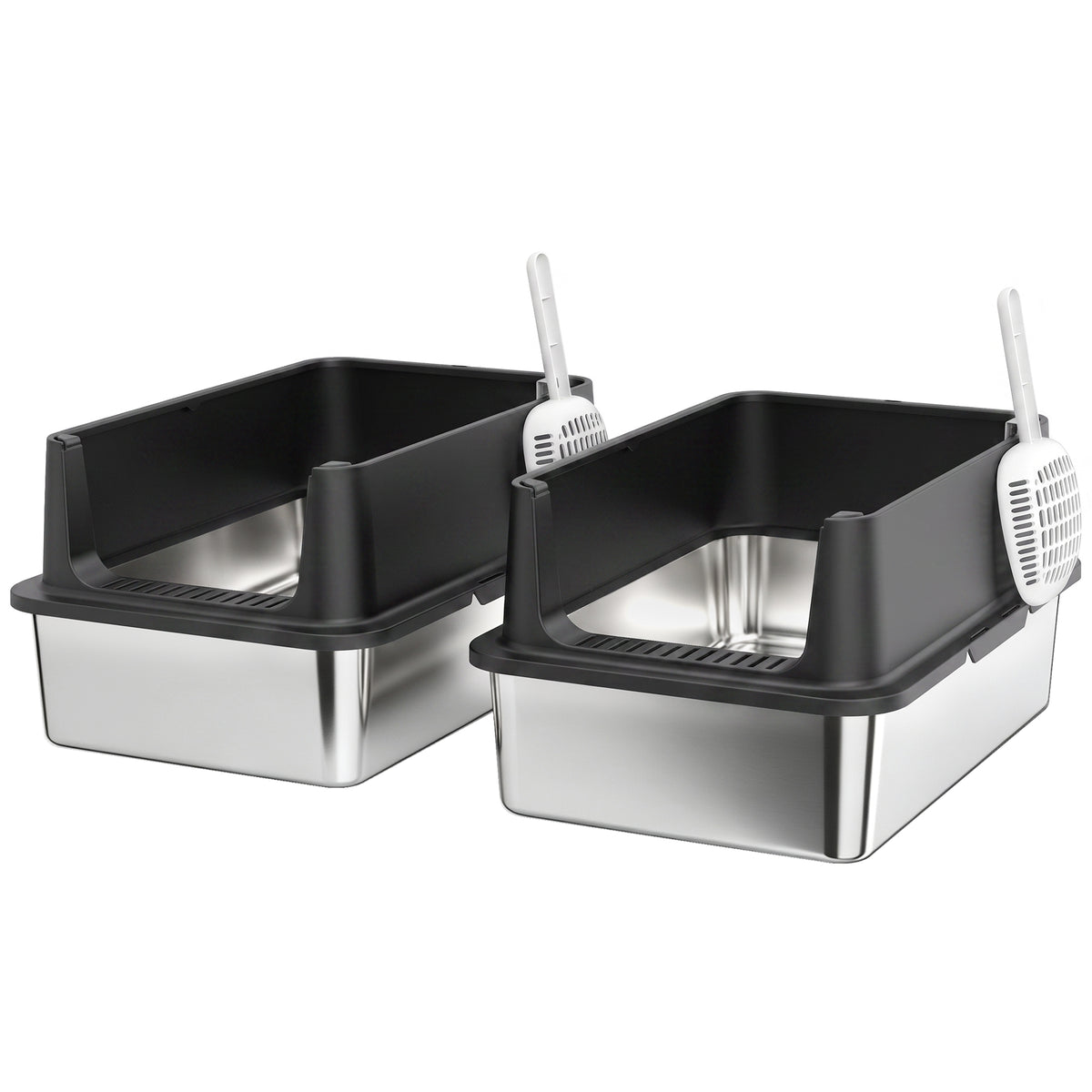 2-piece XL stainless steel litter box set with high rim and lid, 60x40x30cm, semi-open, with 2 scoops, for large