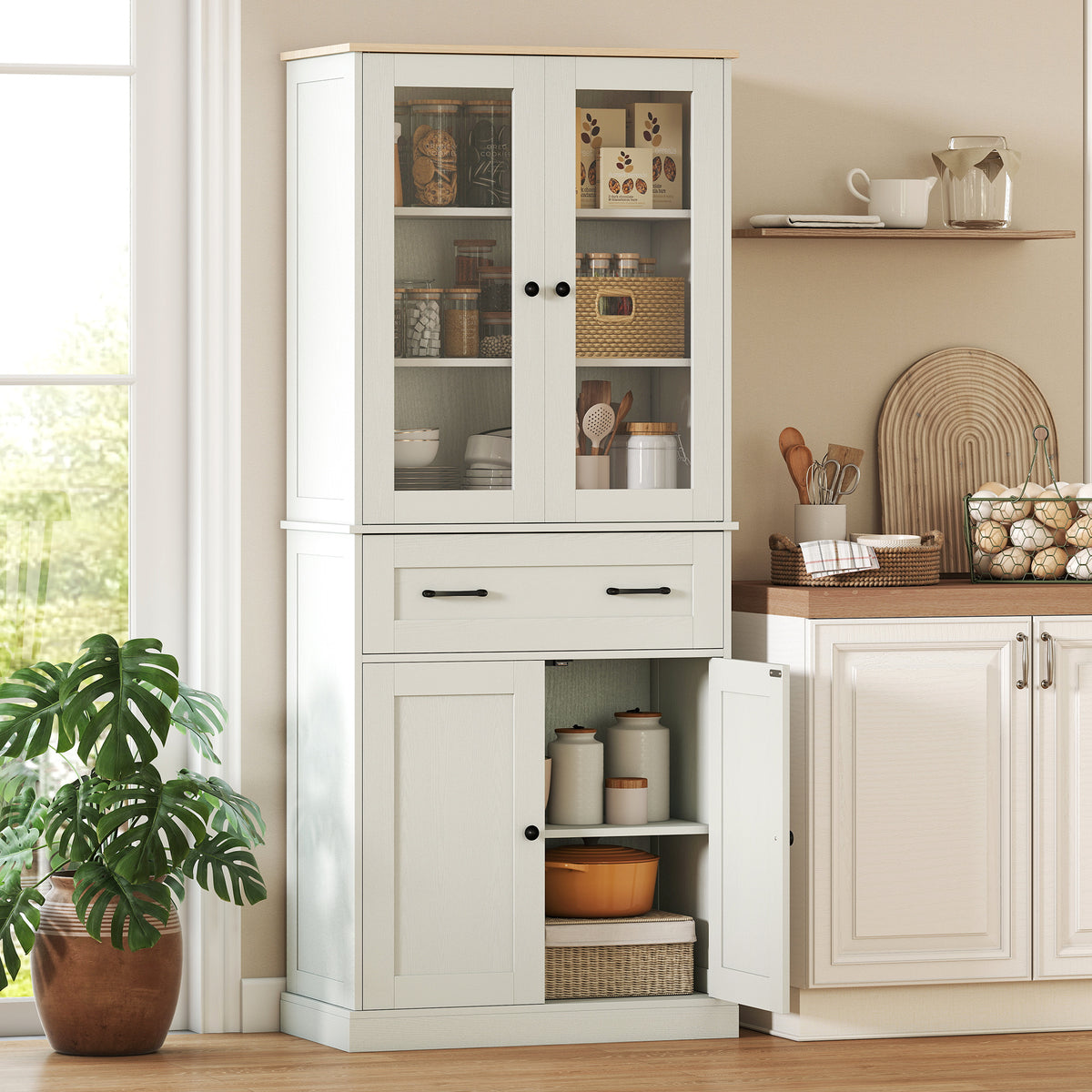 Freestanding kitchen cabinet, pantry cupboard with adjustable shelves and drawer for living room, dining room (2)