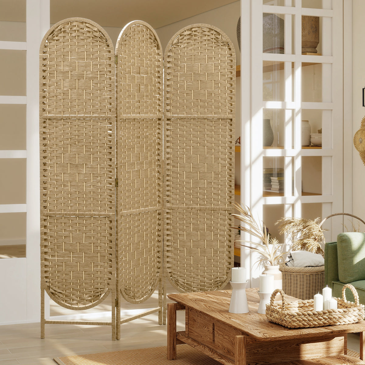 3-Panel Room Divider 120 x 170 cm Folding Partition Screen with Arched Top Natural (2)