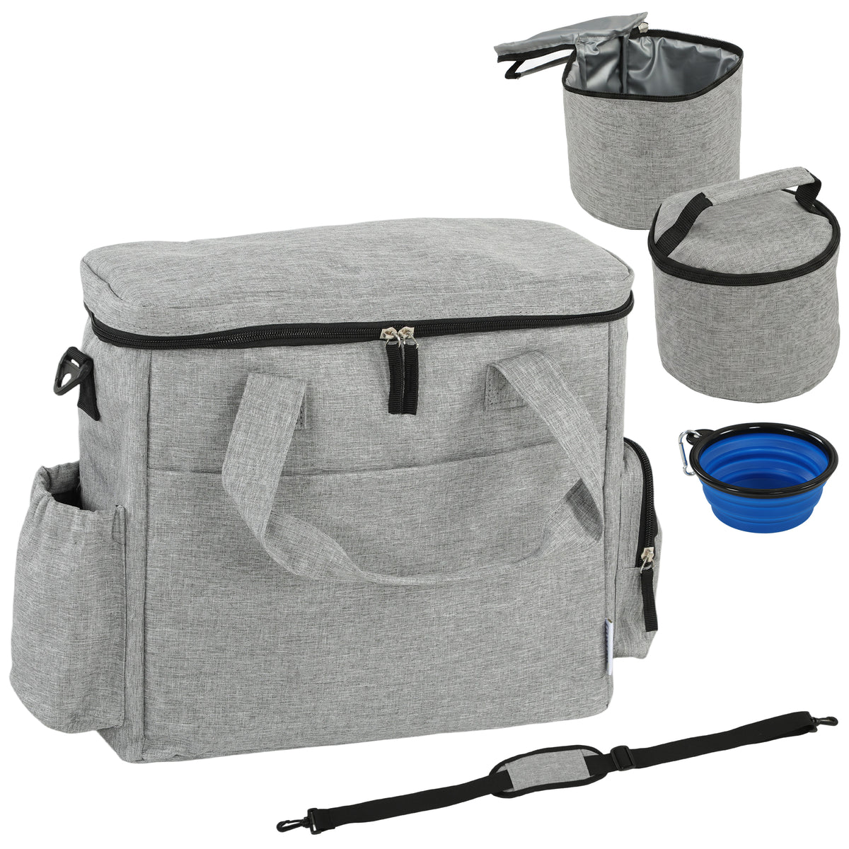 Dog crate transport box for dogs with multiple compartments, 2 food containers, collapsible, silicone bowl