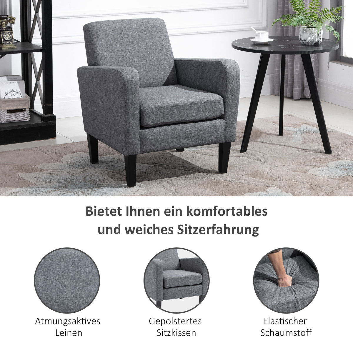 Single armchair, recliner, upholstered armchair with wooden legs, linen-look fabric, 66 x 72 x 74 cm, light grey (5)
