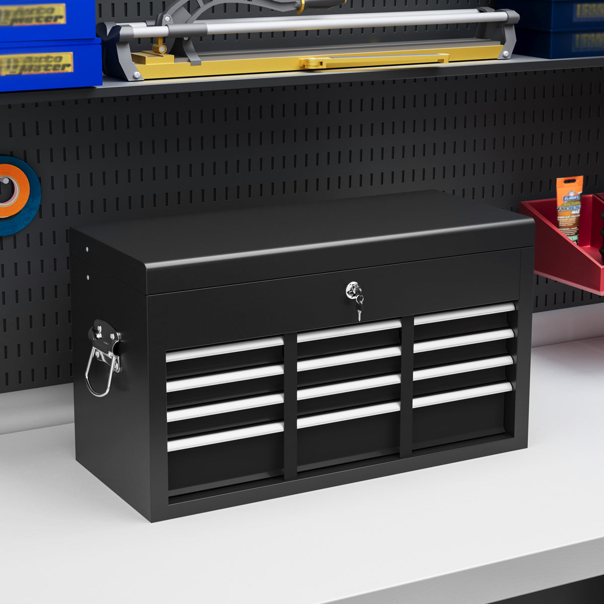 Toolbox, lockable, 3 drawers, steel housing, 60x26x34cm, black (2)