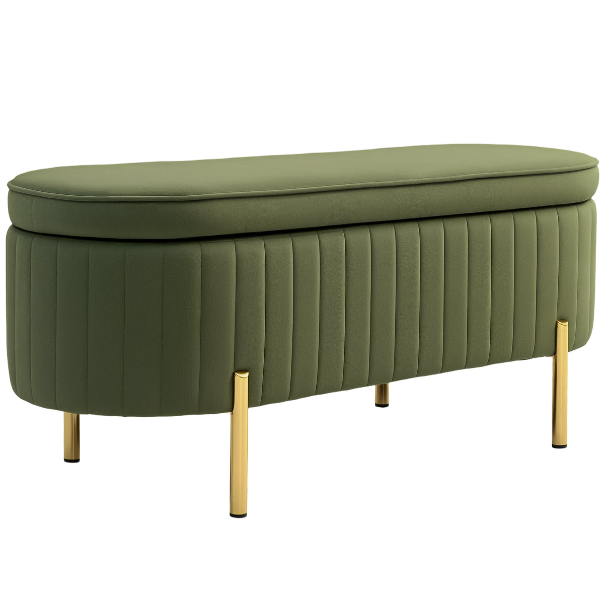 Bench with hinged lid and storage space, fabric cover, wood, metal, dark green+gold-colored