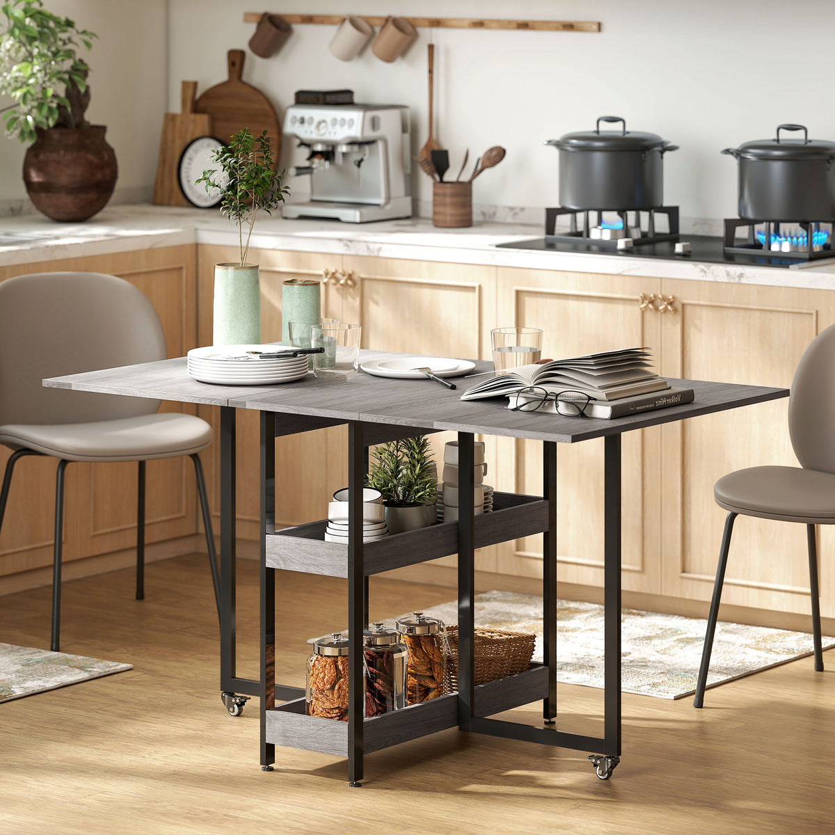 Foldable dining table in industrial design, for up to 4 people, open shelves, flexible, metal, chipboard, gray (2)