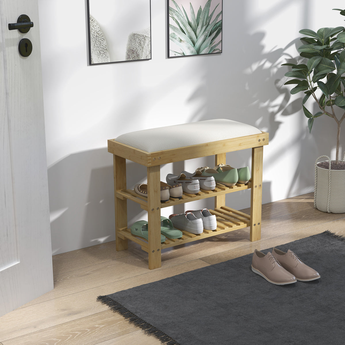 Shoe bench with seat, bamboo bench with storage, 2 open compartments, bench 60 x 29 x 49 cm cream white (2)