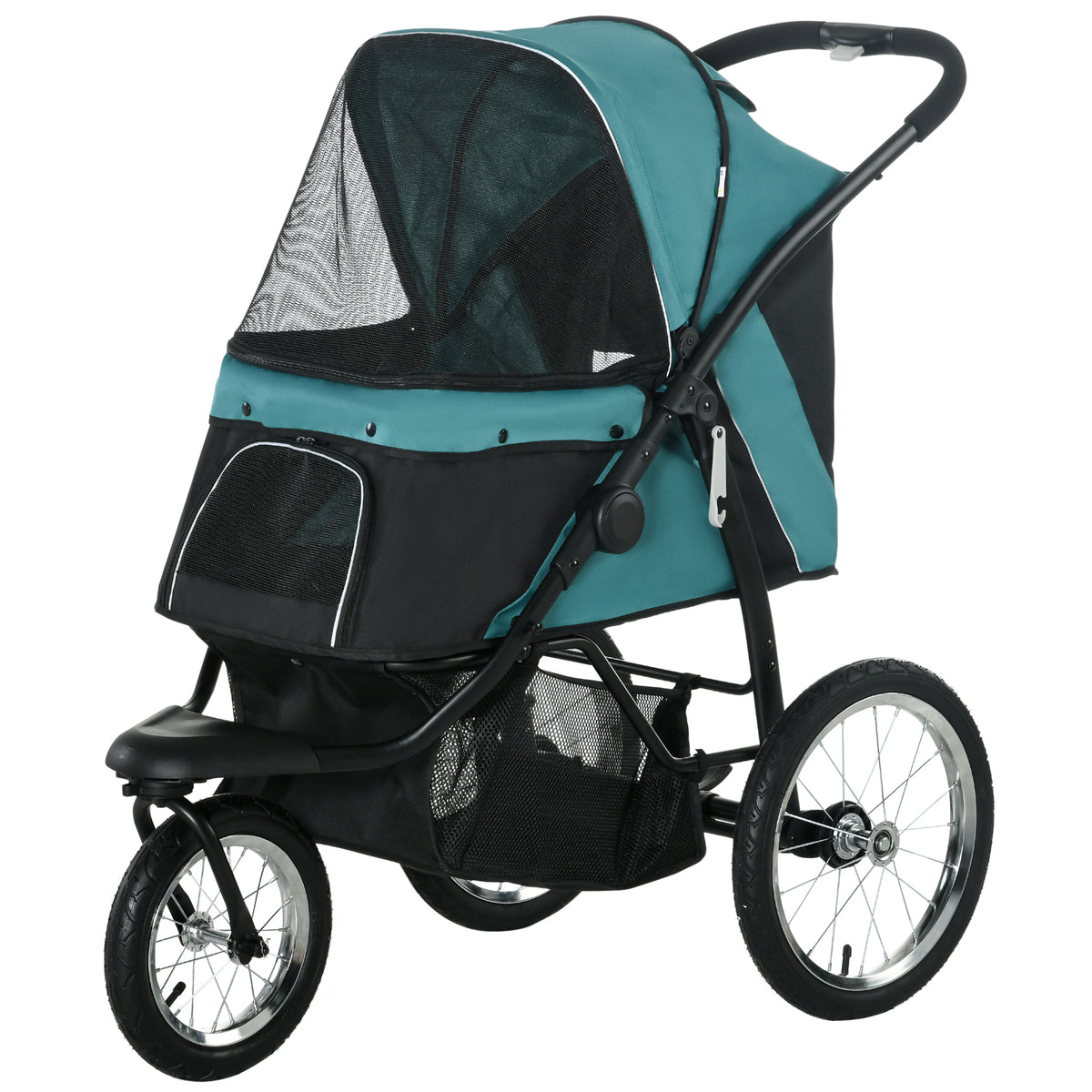 Dog stroller, foldable, sun canopy, mesh window, storage basket, dark green, 111 x 58 x 107 cm