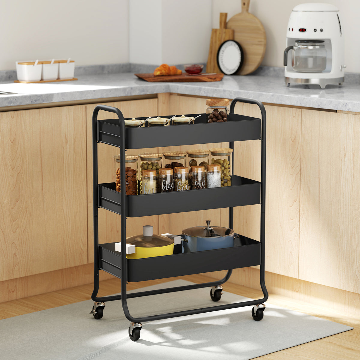 Kitchen trolley, 3 baskets, 4 castors, metal, black (2)