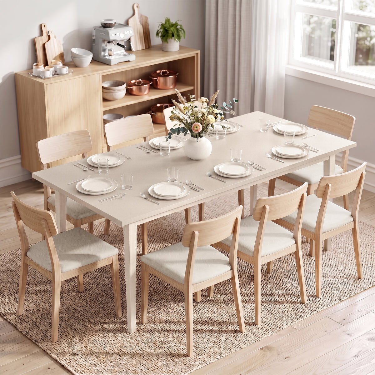 Dining table for 8 people, modern kitchen table with solid wood legs, 180 cm, cream (2)