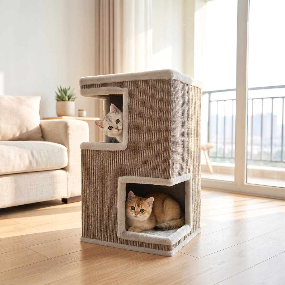 3-story cat tower for indoors, semi-enclosed cat cave with scratching surfaces all around, 2 cat dens (2)
