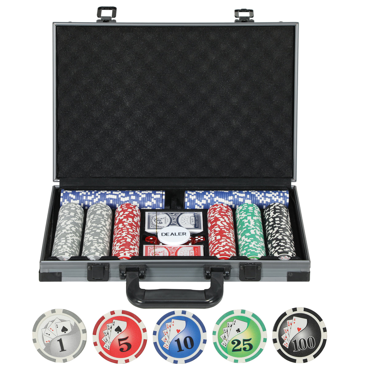 Poker set, poker case, 400 chips, 2 decks of cards, 5 dice, dealer button, mat