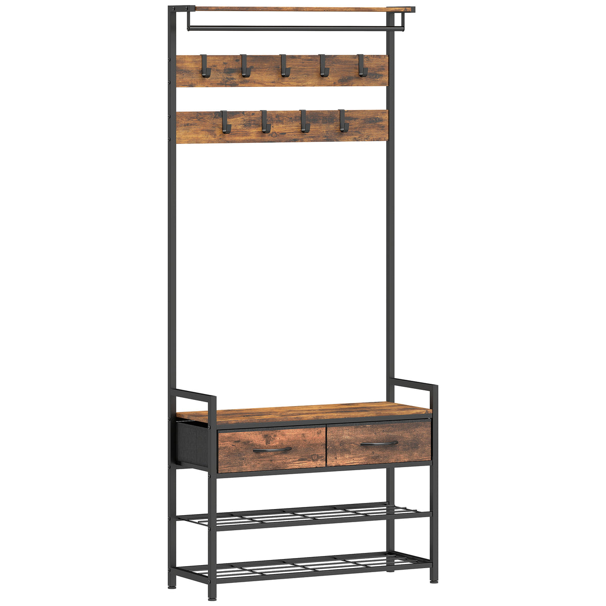 Coat rack with hooks, shoe bench, industrial entry organizer, steel frame, rustic brown